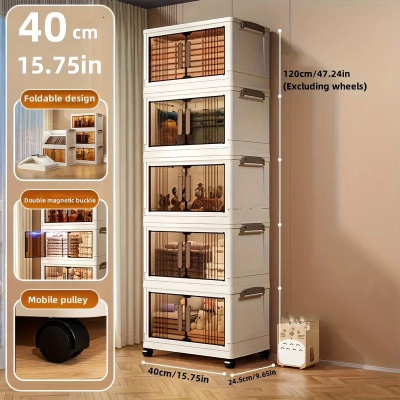 4-5 Tier Heavy-Duty Plastic Folding Storage Cabinet With Lid Wheeled