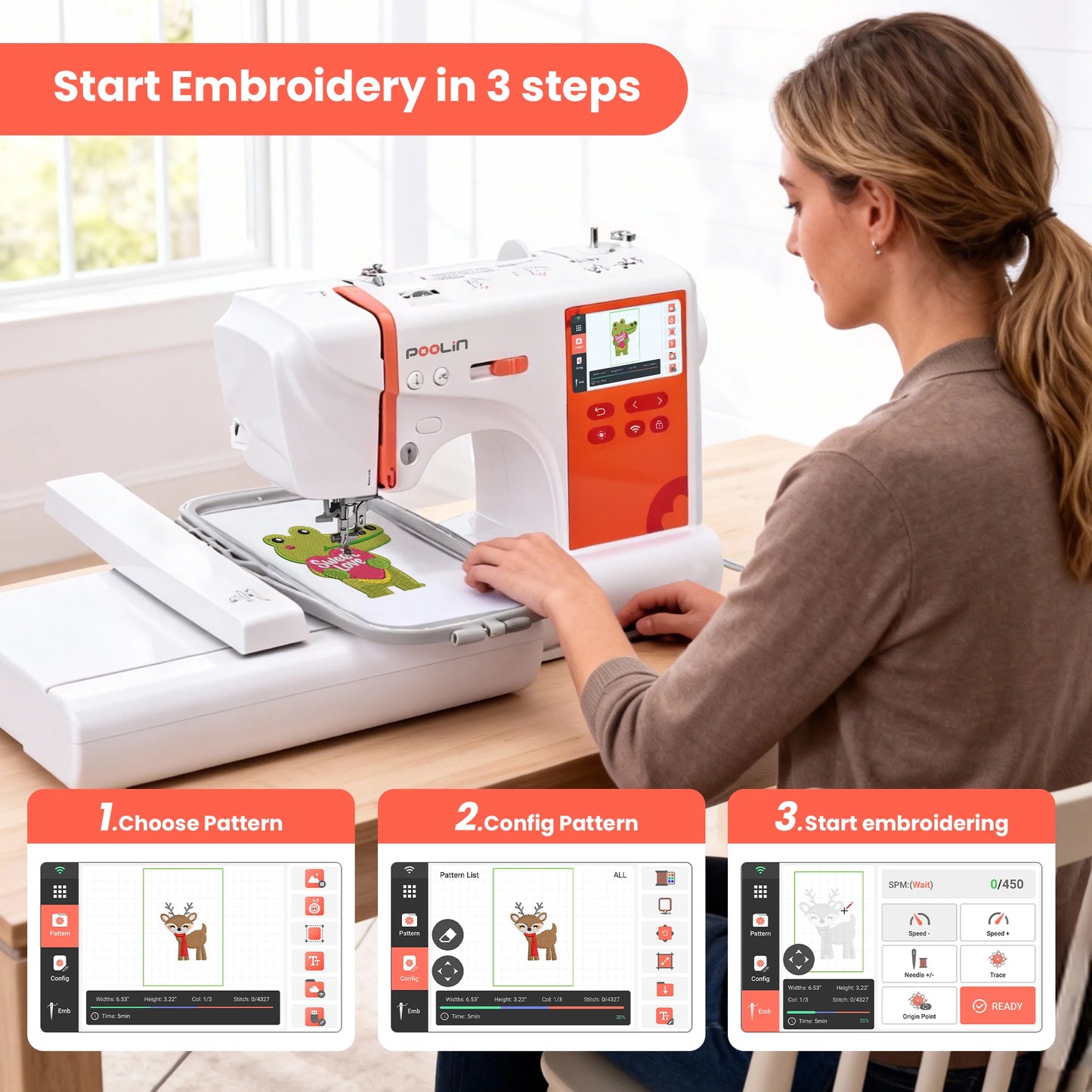 POOLIN EOC03RE Embroidery Sewing Machine, Valentine’s Day Gift Computerized Home Machine for Beginners