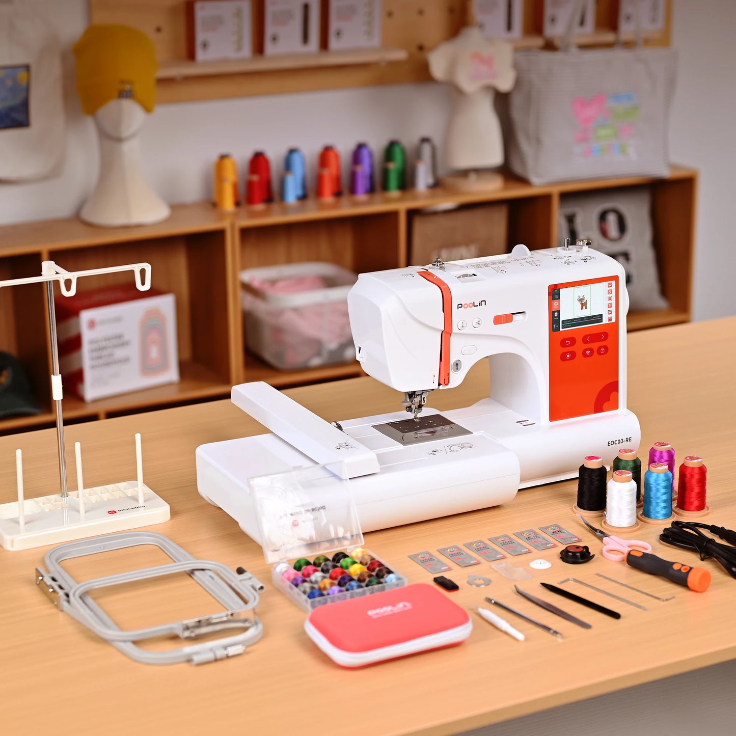 POOLIN EOC03RE Embroidery Sewing Machine, Valentine’s Day Gift Computerized Home Machine for Beginners