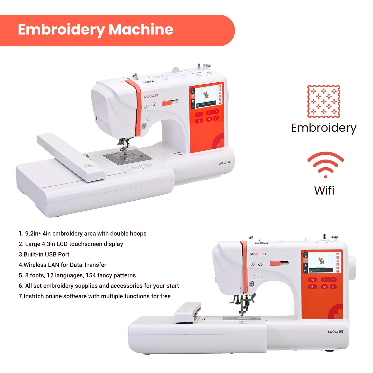 POOLIN EOC03RE Embroidery Sewing Machine, Valentine’s Day Gift Computerized Home Machine for Beginners