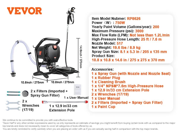 SucceBuy 750W 950W Airless Paint Sprayer 3000 PSI High Efficiency