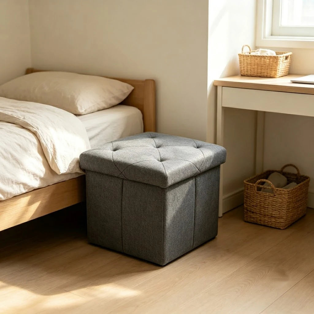 Folding Storage Ottoman Bench Tufted Fabric 400 Lb Capacity