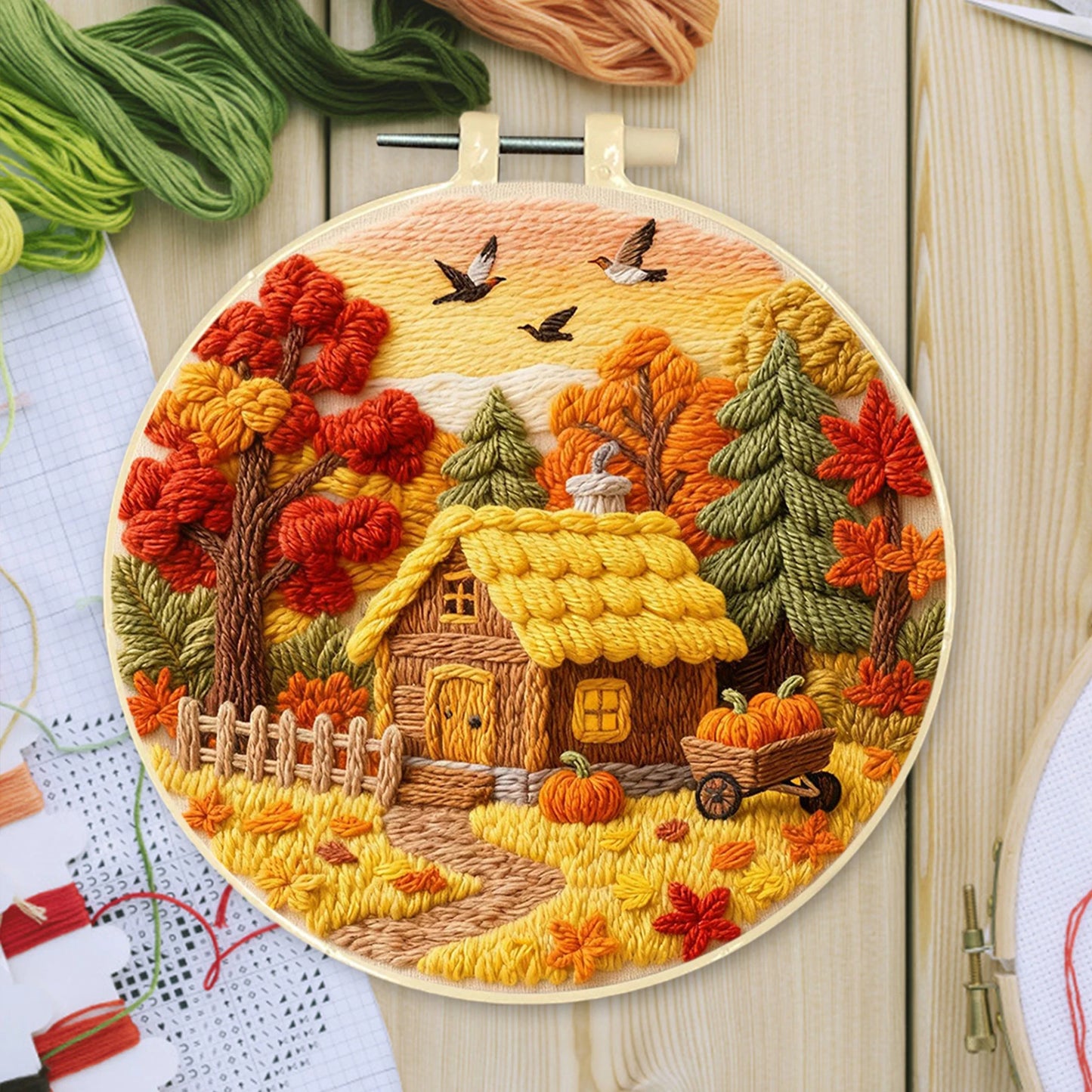 Autumn Embroidery Kit With Hoop For Beginners Craft Lovers Gift