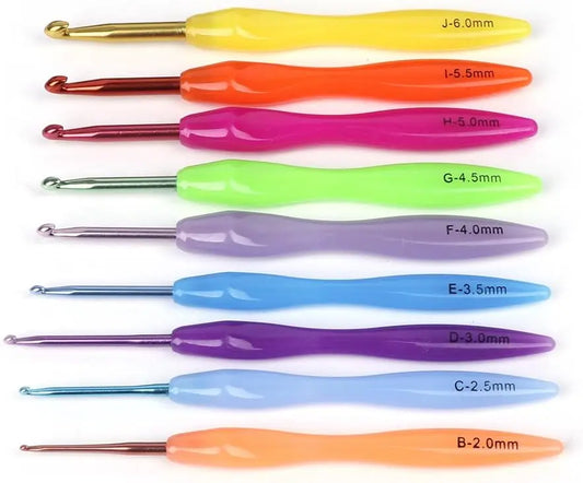 9Pcs Ergonomic Crochet Hooks Set with Soft Grip Handles Large Eye Needles Stitch Markers Tape Measure Complete Knitting Kit