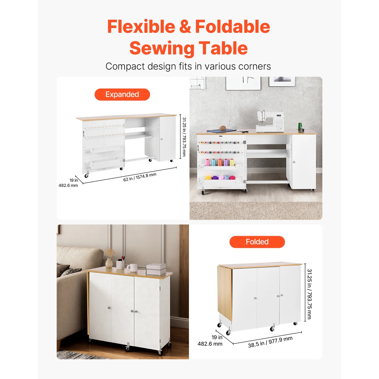 SucceBuy Folding Sewing Table With Cabinet Charging Station