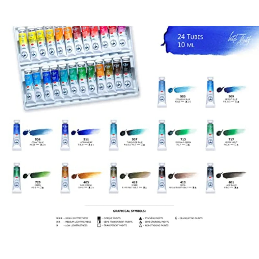 Watercolor Set 24 Fine Artist Grade Tubes Vibrant Lightfast Colors