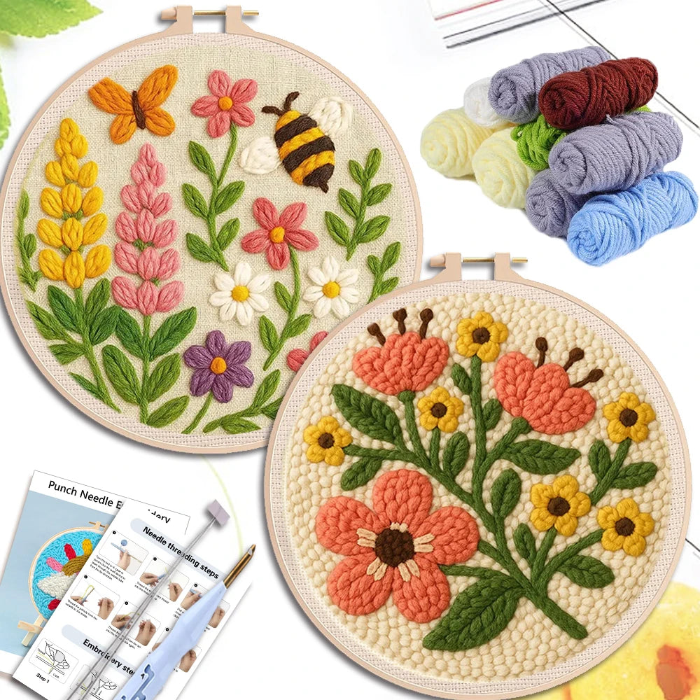 Punch Needle Kits For Beginner 20x20cm Easy Punch Needle Starter Kit With Embroidery Frame Flower Pattern Craft Kit Home Decorat