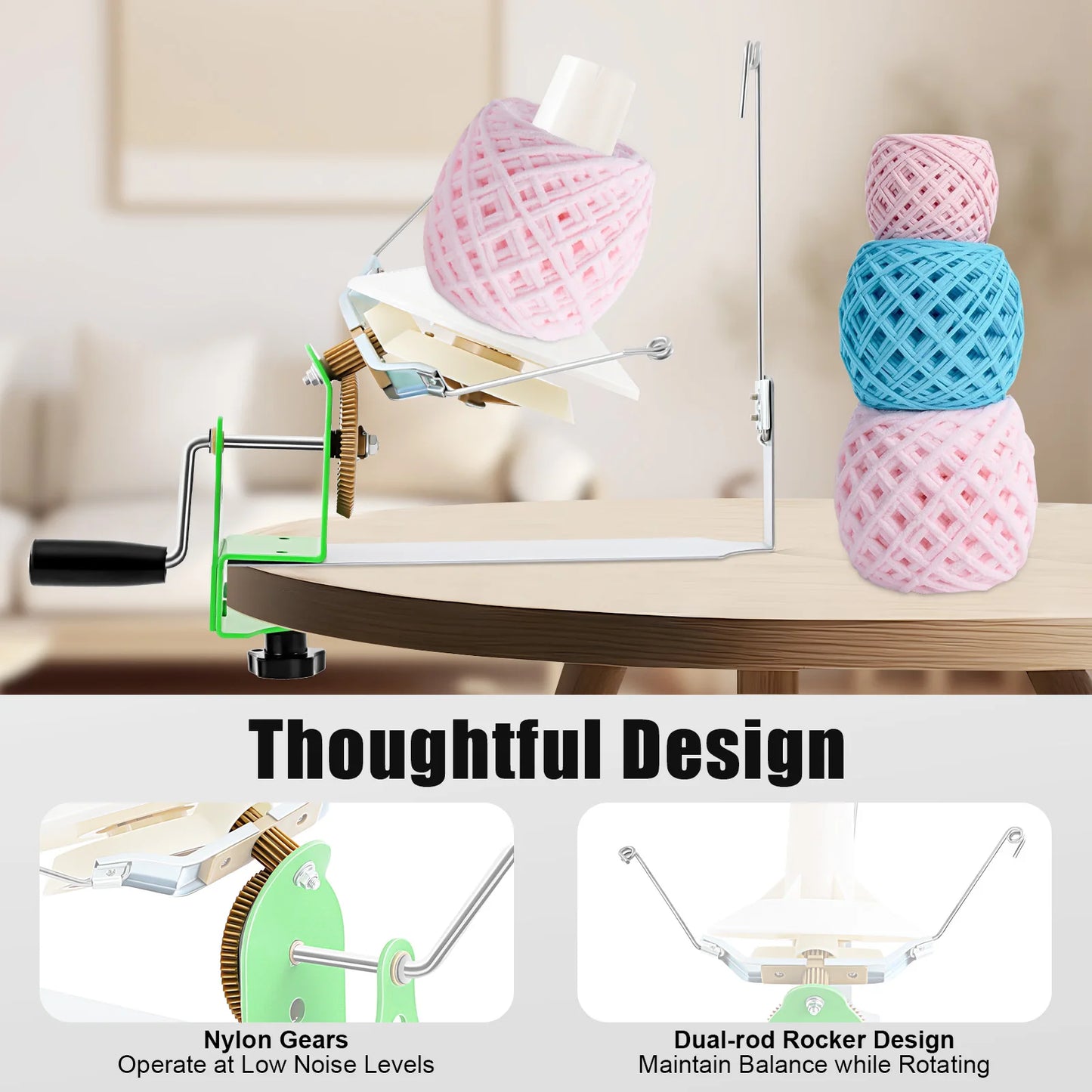 Portable Wool Ball Winder 400-500g Large Capacity Yarn Winder Machine for Knitting, Handmade Arts Crafts, DIY Studio, Home & Factory Use – Easy Install & Clean, with Nylon Gears, Dual-Rod Rocker, Clamp Mount Up to 40mm