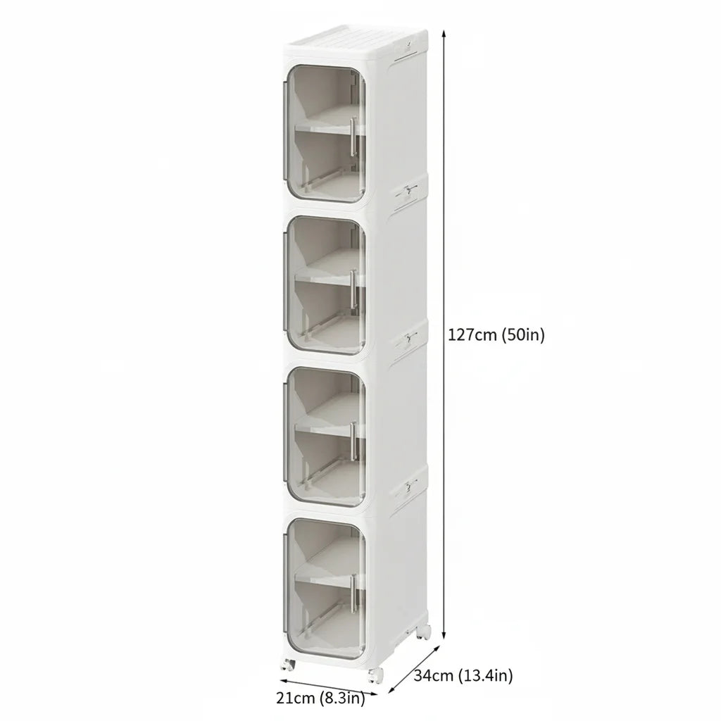 Slim Plastic Storage Cabinet On Wheels With Transparent Doors