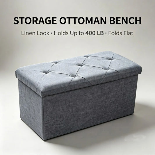 Folding Storage Ottoman Bench Tufted Fabric 400 Lb Capacity
