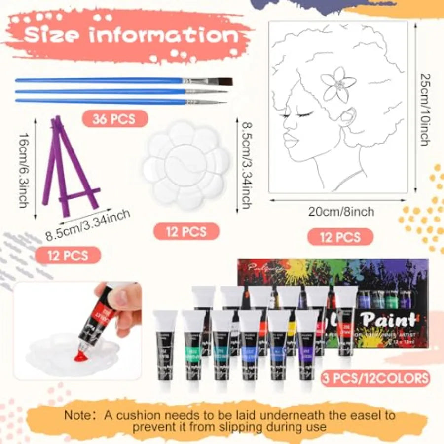 Sip and Paint Kit, 108 Pcs, Pre Drawn Canvas Artwork
