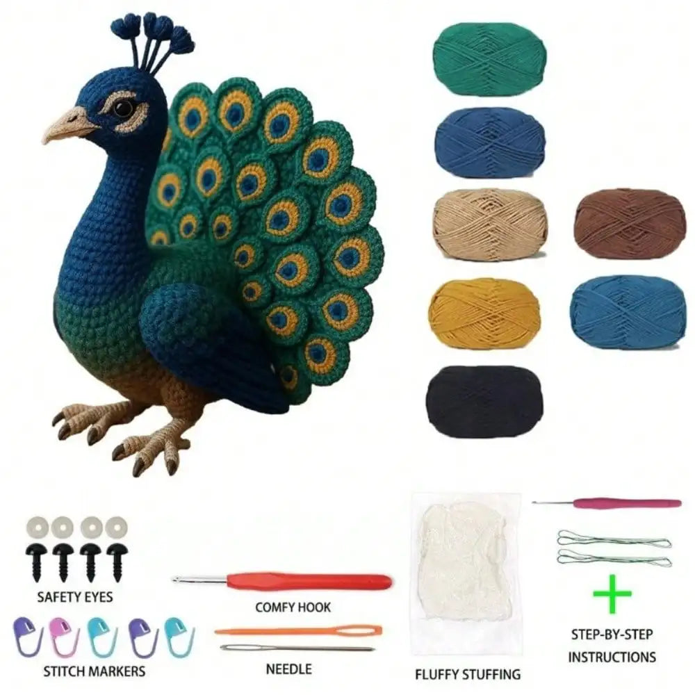 Handmade DIY Peacock Crochet Materials Kit (not a finished product; requires knitting)