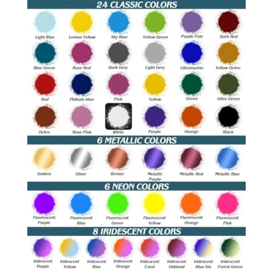 Airbrush Paint Set Water Based Iridescent Metallic Neon Classic Colors