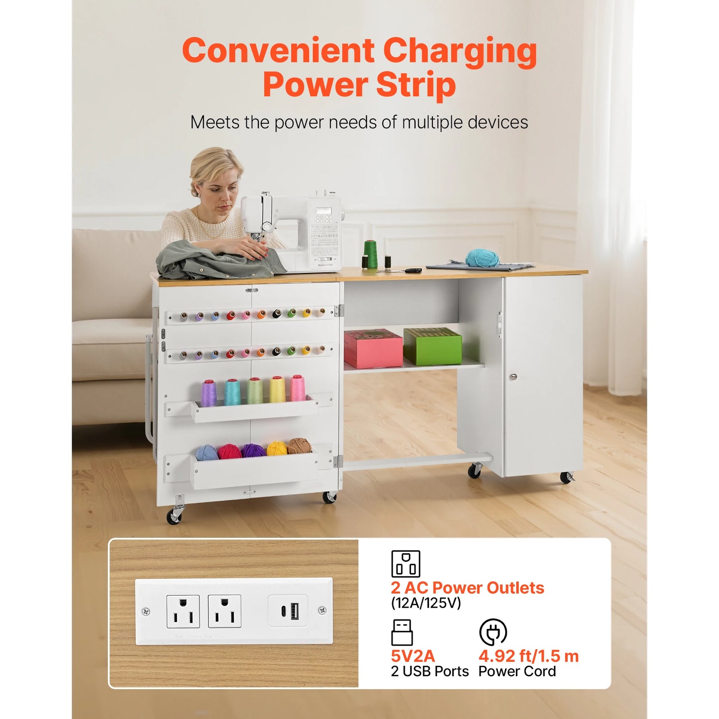 SucceBuy Folding Sewing Table With Cabinet Charging Station