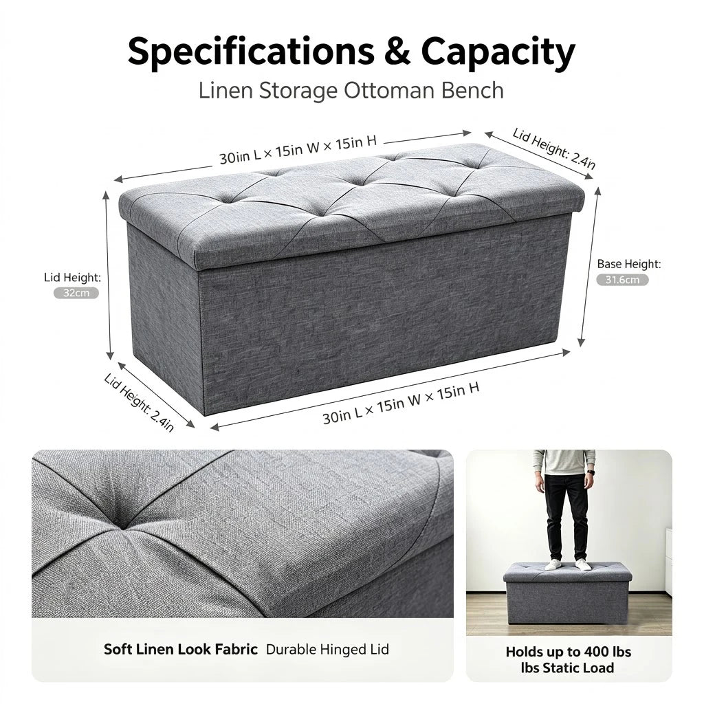 Folding Storage Ottoman Bench Tufted Fabric 400 Lb Capacity