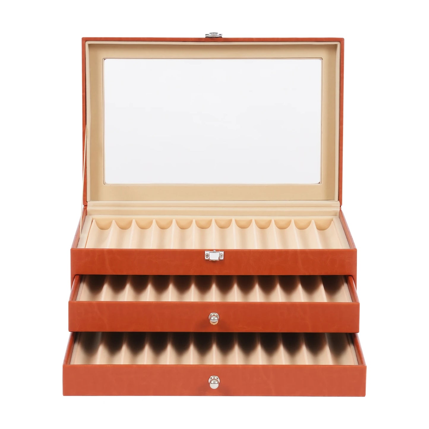 Pen Display Case With 36 Slots, Velvet Interior And Glass Lid