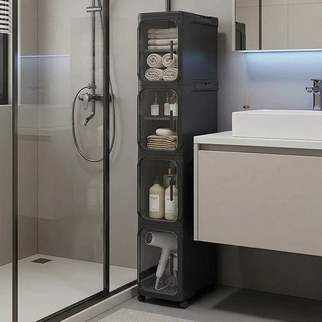 Slim Plastic Storage Cabinet On Wheels With Transparent Doors