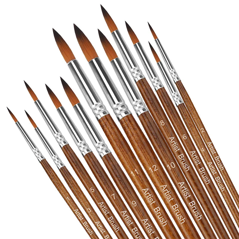 12-Piece Nylon Artist Paint Brush Set for Acrylic, Watercolor, Oil