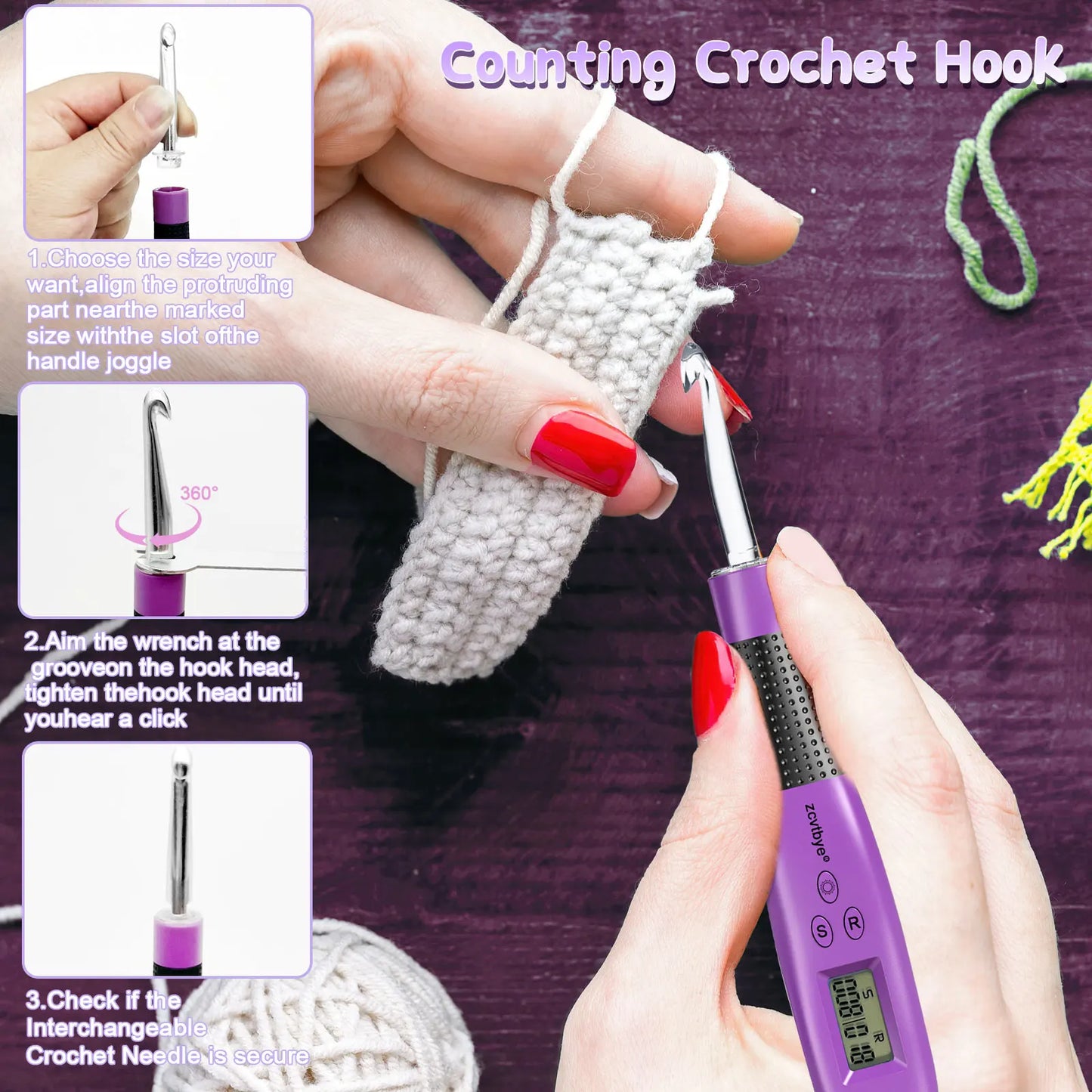 24Pcs Crochet Hook Set With Counter And LED Light Ergonomic