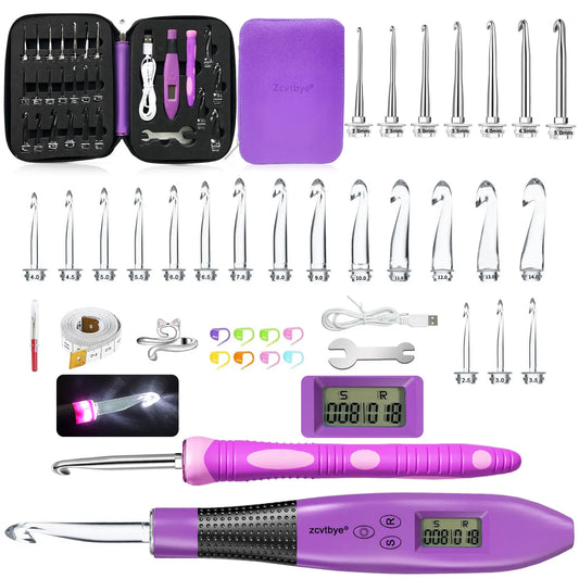 24Pcs Crochet Hook Set With Counter And LED Light Ergonomic