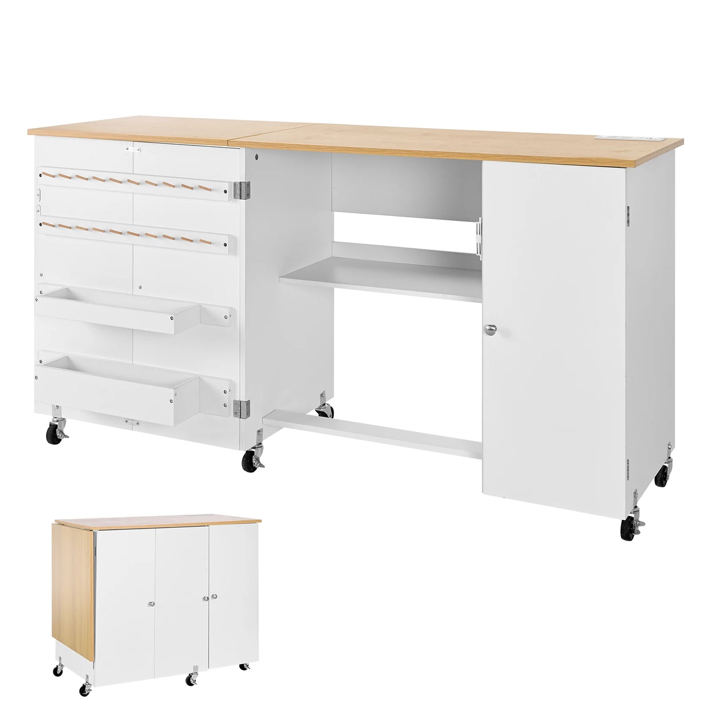 SucceBuy Folding Sewing Table With Cabinet Charging Station