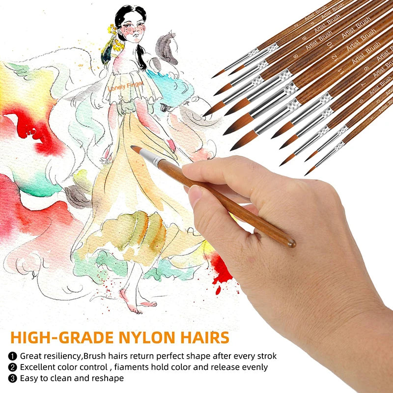 12-Piece Nylon Artist Paint Brush Set for Acrylic, Watercolor, Oil