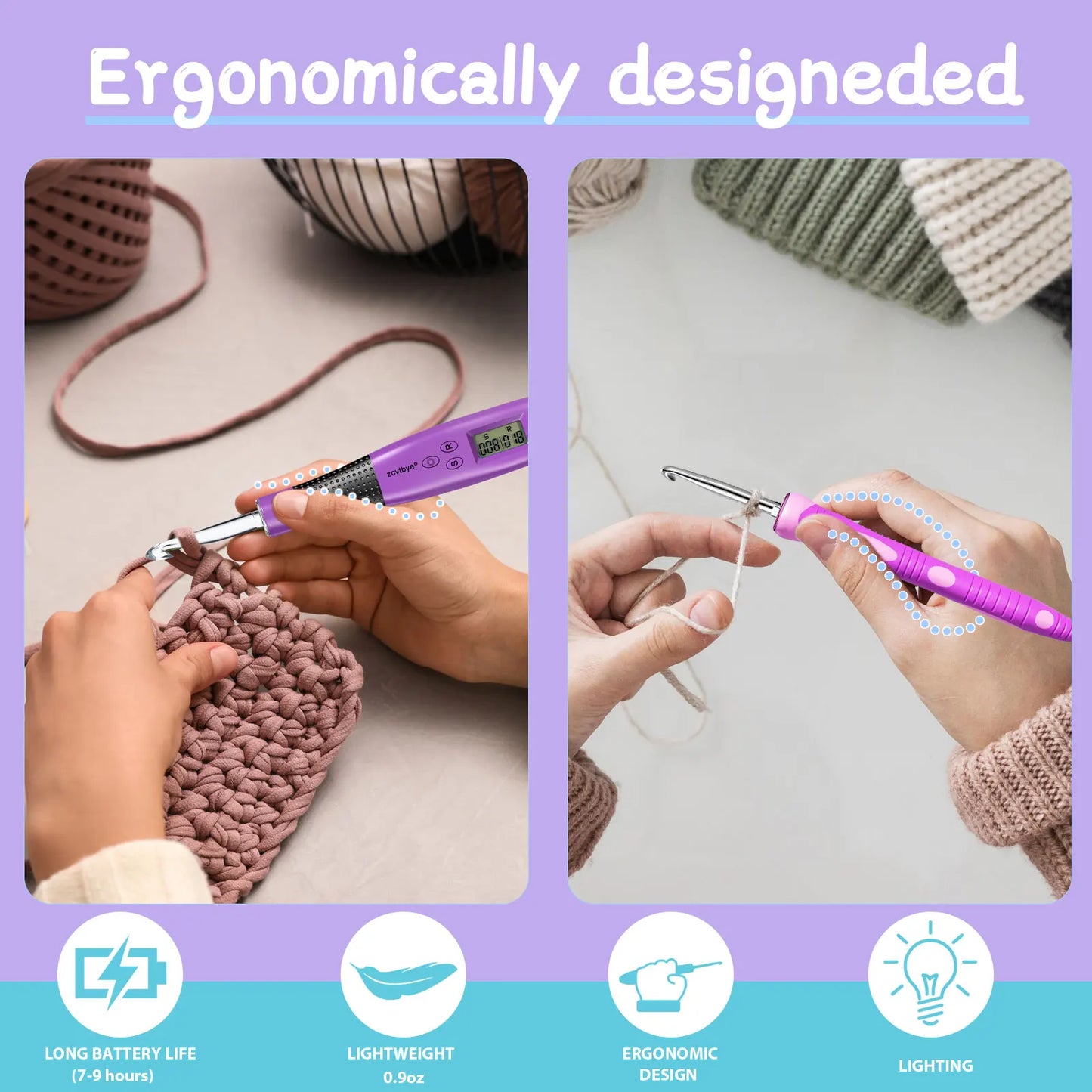 24Pcs Crochet Hook Set With Counter And LED Light Ergonomic