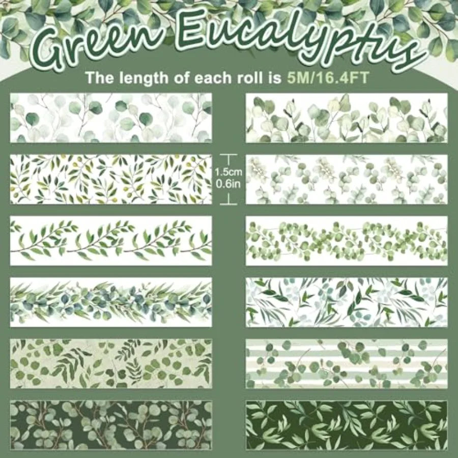 12 Rolls Washi Tapes Plants Masking Tape 15mm Green Leaves Decorative Tape Stickers for Scrapbook Journal Planner DIY Craft Gif