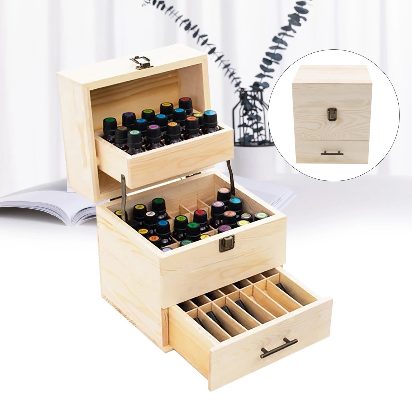 Wood Essential Oil Box 59 Grid 3 Layer Storage Box