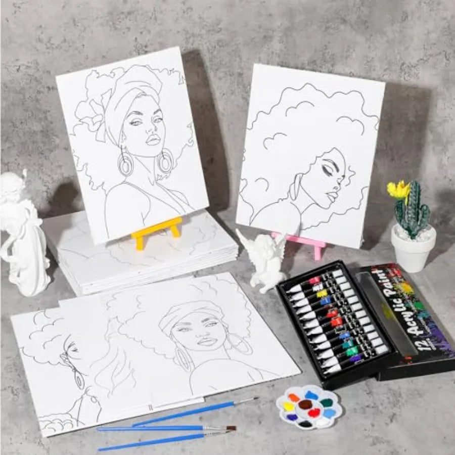 Sip and Paint Kit, 108 Pcs, Pre Drawn Canvas Artwork
