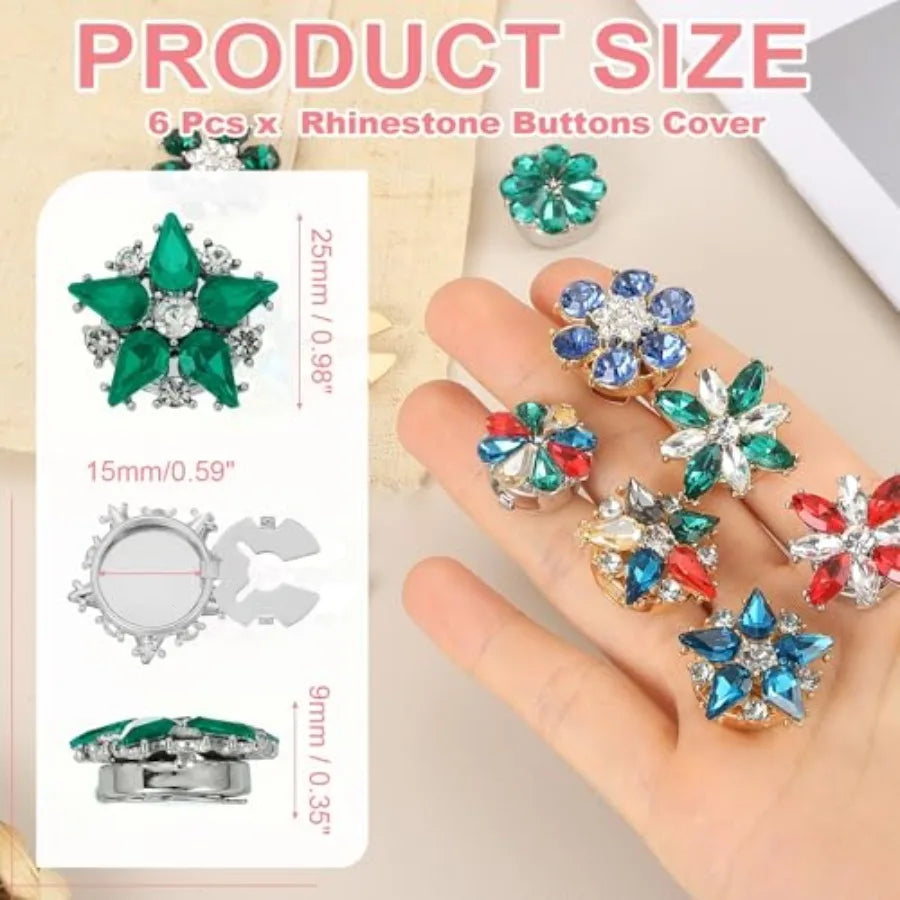 Rhinestone Button Cover Set, 6Pcs Star Flower Crystal Embellishments