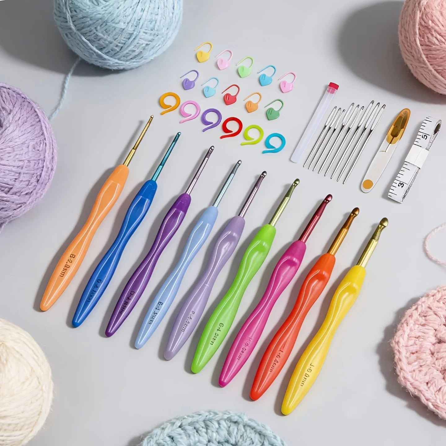 9Pcs Ergonomic Crochet Hooks Set with Soft Grip Handles Large Eye Needles Stitch Markers Tape Measure Complete Knitting Kit
