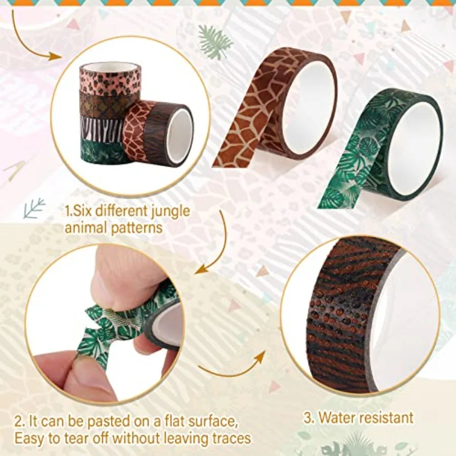 12 Rolls Animal Print Washi Tape, Safari Jungle Decorative Masking Tape for Scrapbooking, Planner, Journaling, DIY Crafts and G