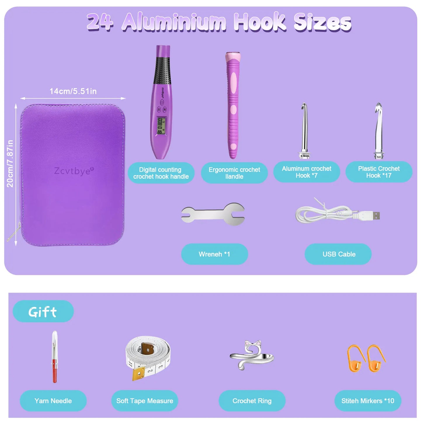 24Pcs Crochet Hook Set With Counter And LED Light Ergonomic