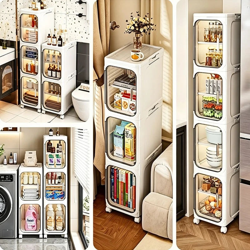 Slim Plastic Storage Cabinet On Wheels With Transparent Doors