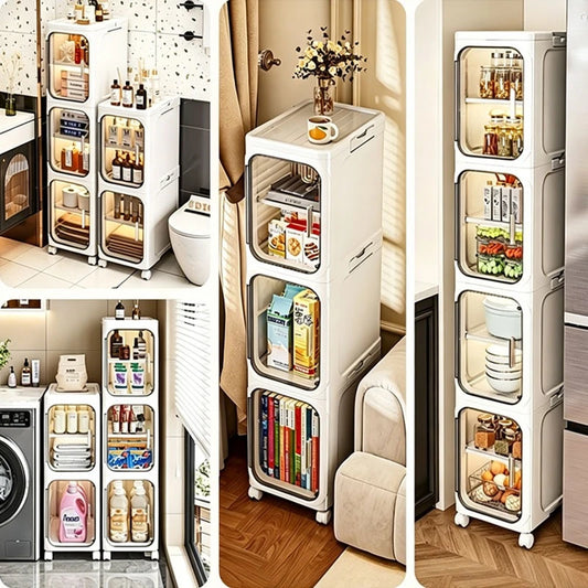 Slim Plastic Storage Cabinet On Wheels With Transparent Doors