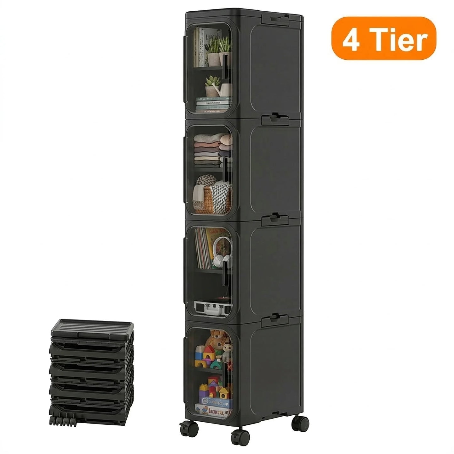 Slim Plastic Storage Cabinet On Wheels With Transparent Doors