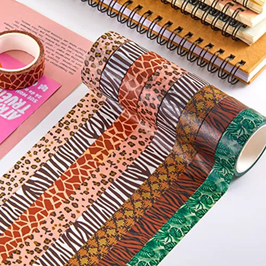 12 Rolls Animal Print Washi Tape, Safari Jungle Decorative Masking Tape for Scrapbooking, Planner, Journaling, DIY Crafts and G