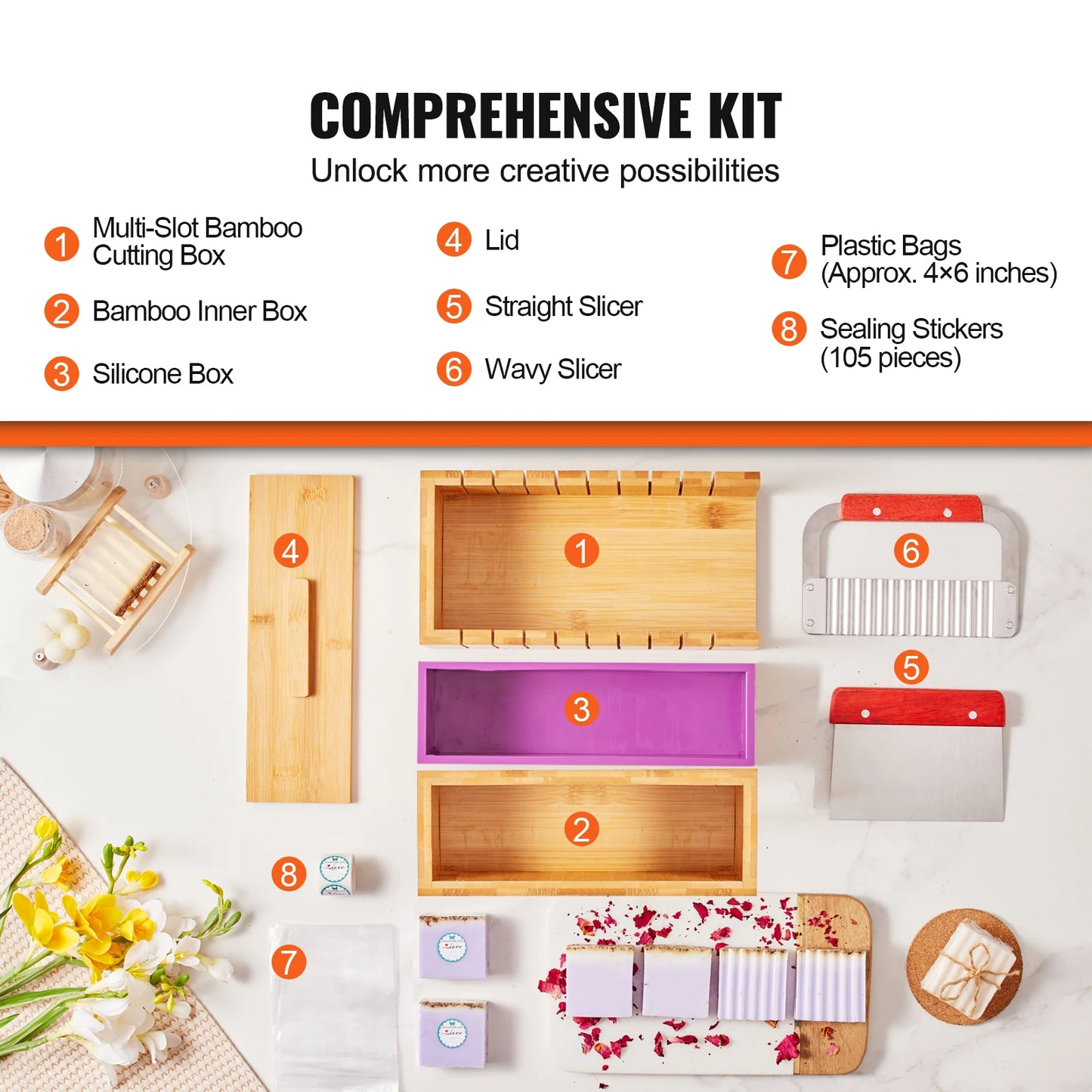 Soap Making Kit With Bamboo Box, Silicone Mold, Stainless Cutters