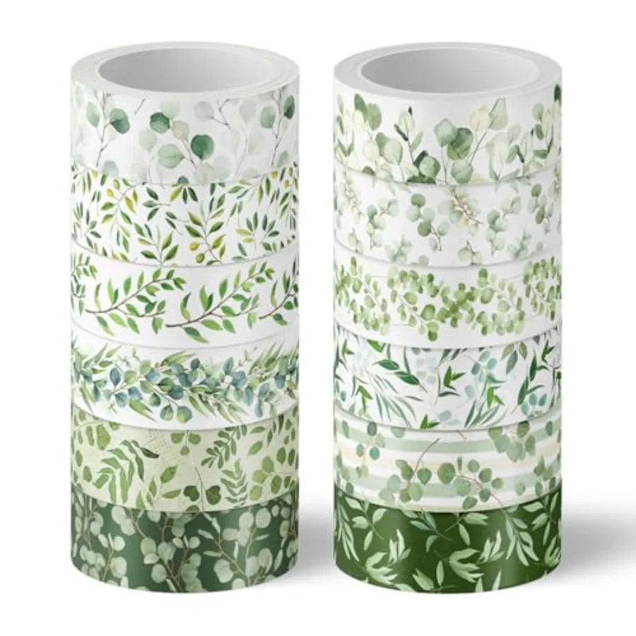12 Rolls Washi Tapes Plants Masking Tape 15mm Green Leaves Decorative Tape Stickers for Scrapbook Journal Planner DIY Craft Gif