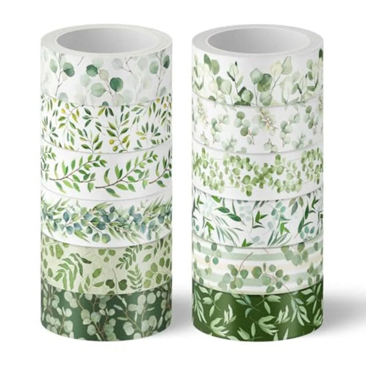 12 Rolls Washi Tapes Plants Masking Tape 15mm Green Leaves Decorative Tape Stickers for Scrapbook Journal Planner DIY Craft Gif