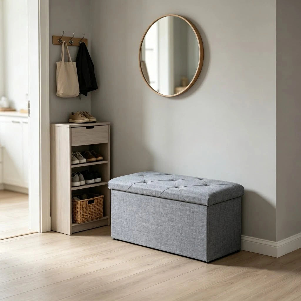 Folding Storage Ottoman Bench Tufted Fabric 400 Lb Capacity