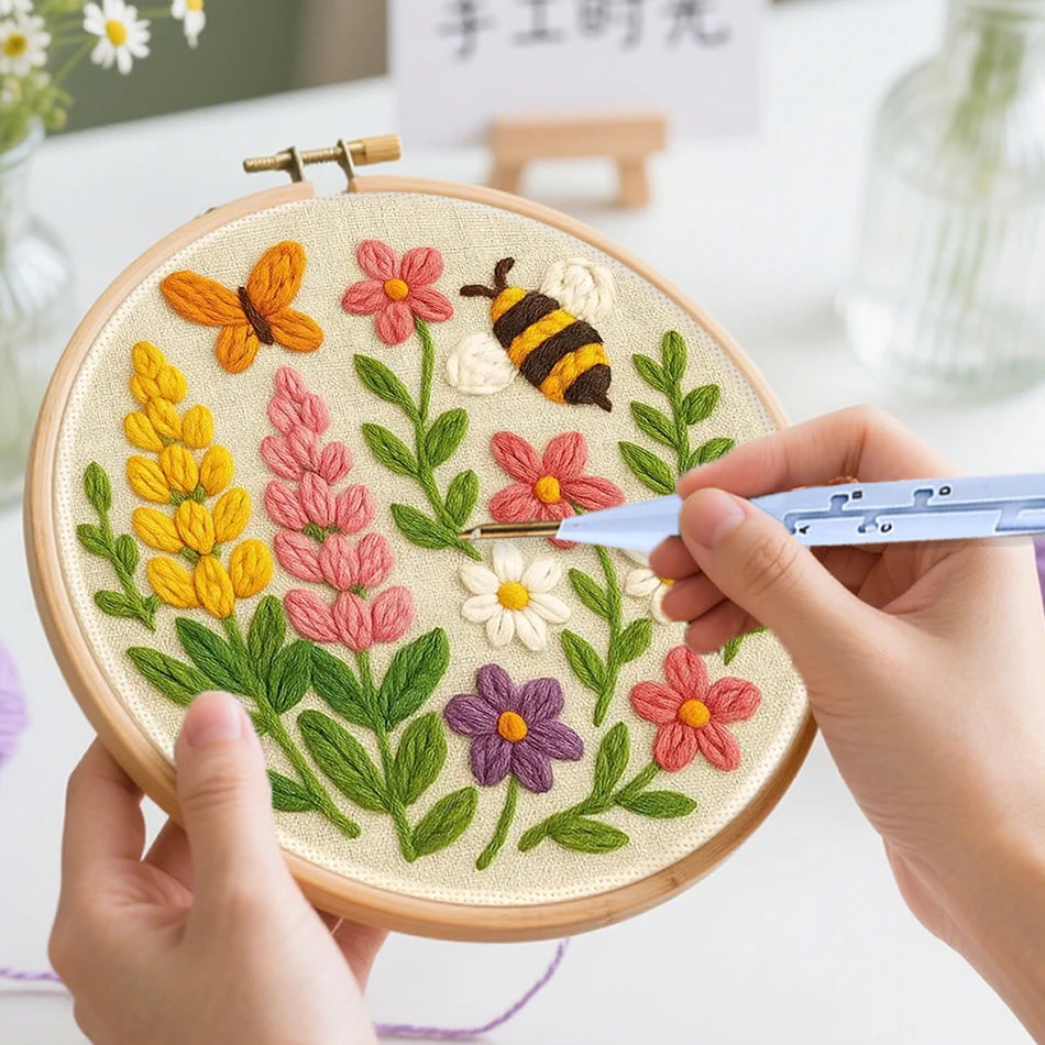 Punch Needle Kits For Beginner 20x20cm Easy Punch Needle Starter Kit With Embroidery Frame Flower Pattern Craft Kit Home Decorat