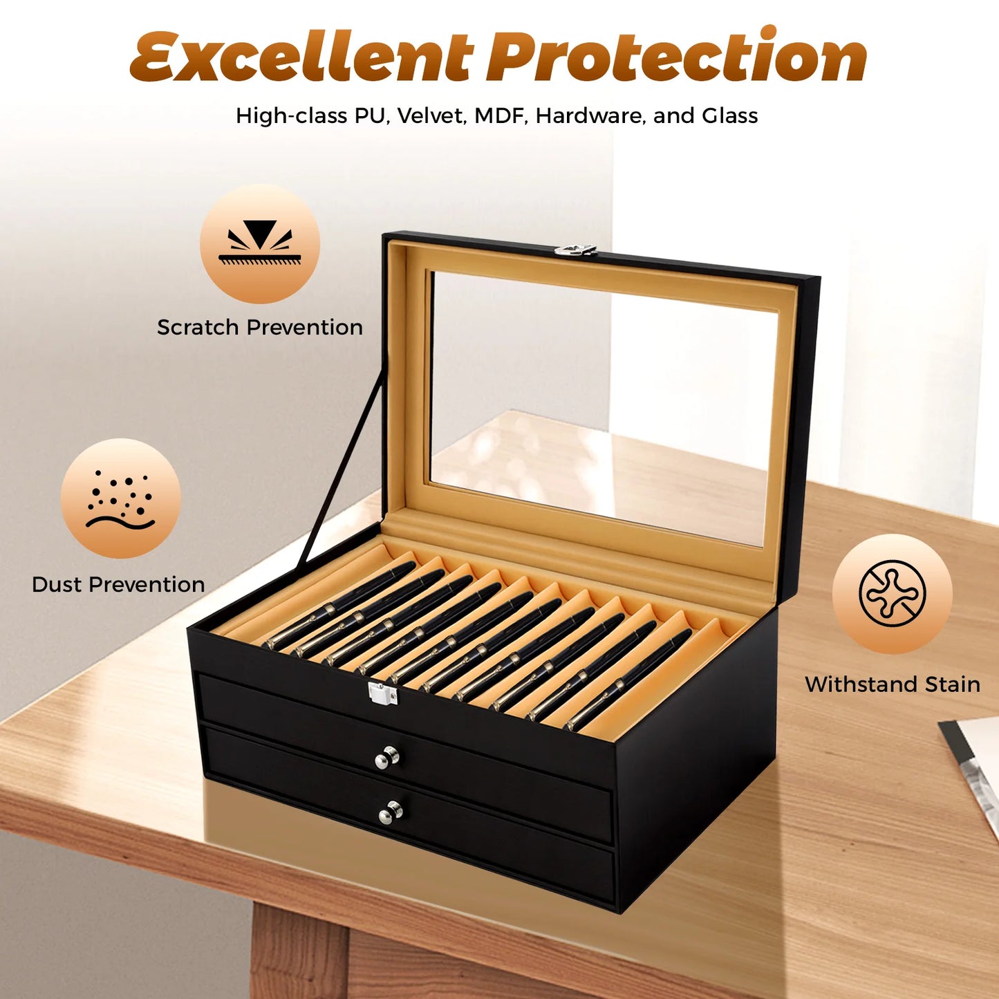 Pen Display Case With 36 Slots, Velvet Interior And Glass Lid