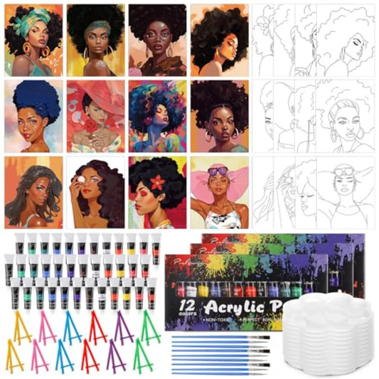 Sip and Paint Kit, 108 Pcs, Pre Drawn Canvas Artwork
