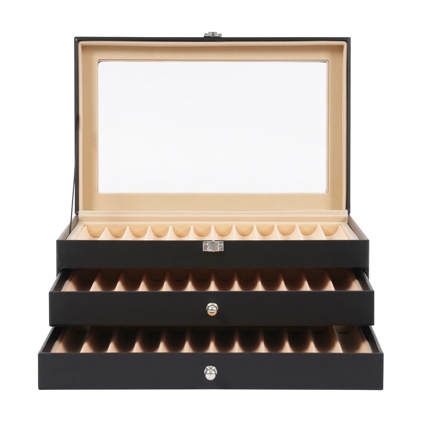 Pen Display Case With 36 Slots, Velvet Interior And Glass Lid