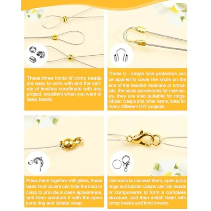 1950 Pcs Jewelry Making Cord End Kit, Crimp Tube Beads with Organizer Box, Includes Crimp Beads, Cover, Lobster Clasp, Jump Rin