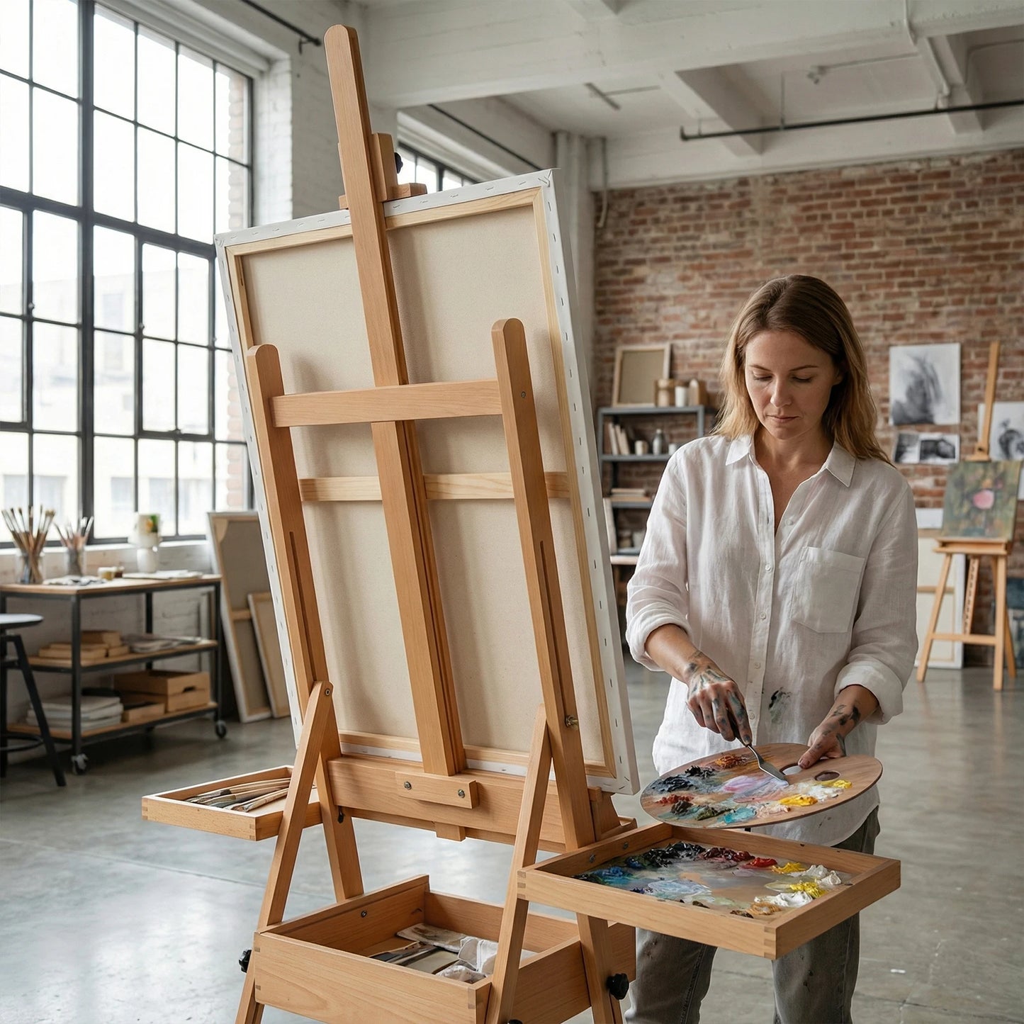 Wood H Frame Easel With Adjustable Height Storage Tray