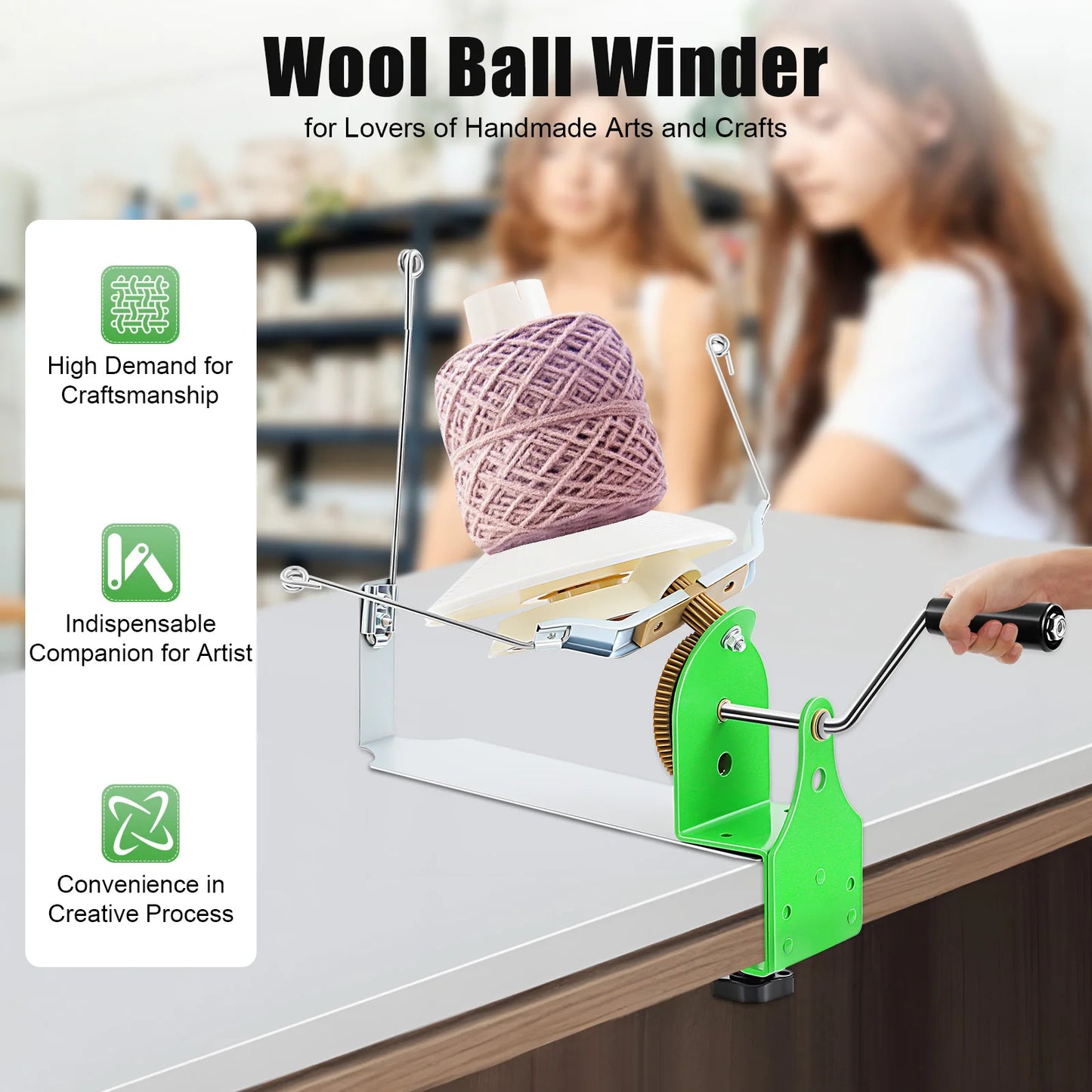 Portable Wool Ball Winder 400-500g Large Capacity Yarn Winder Machine for Knitting, Handmade Arts Crafts, DIY Studio, Home & Factory Use – Easy Install & Clean, with Nylon Gears, Dual-Rod Rocker, Clamp Mount Up to 40mm