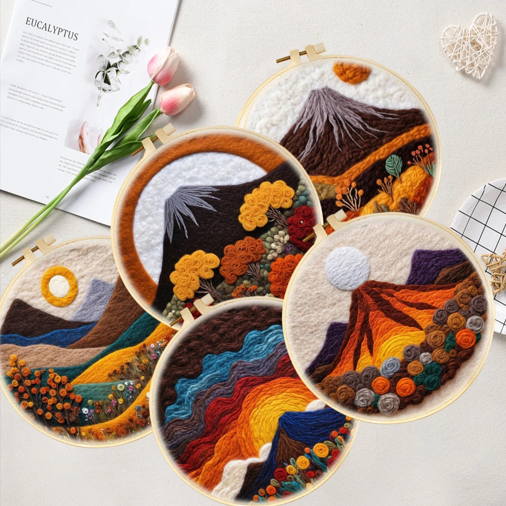 DIY Wool Needle Felting Mountain Landscape Painting Embroidery Frame